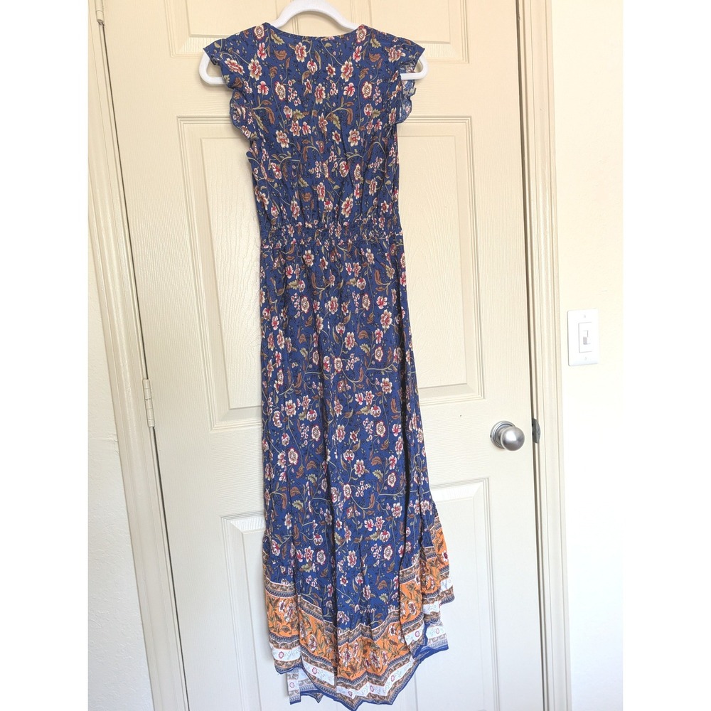 Blue Floral High Low Maxi Dress Smocked Waist Boho Ruffle Small - Picture 2 of 7
